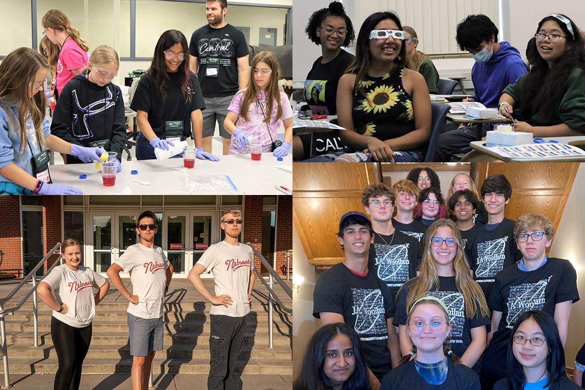 montage of 4 photos includes (top left) group of middle school girls pouring colored liquid into cups at Columbus, Nebraska; (top right) female high school students making and wearing spectroscopic eyewear in a classroom, with Upward Bound in Lincoln, Nebraska; (lower left) 1 female and 2 male Research Experiences for Undergraduates -- REUs -- gather as they start their summer working in labs of the EQUATE project at University of Nebraska-Lincoln; and (lower right) 15+ high school researchers tour Lincoln, Nebraska's J.A. Woollam Company, which makes the majority of the world's ellipsometers for research.