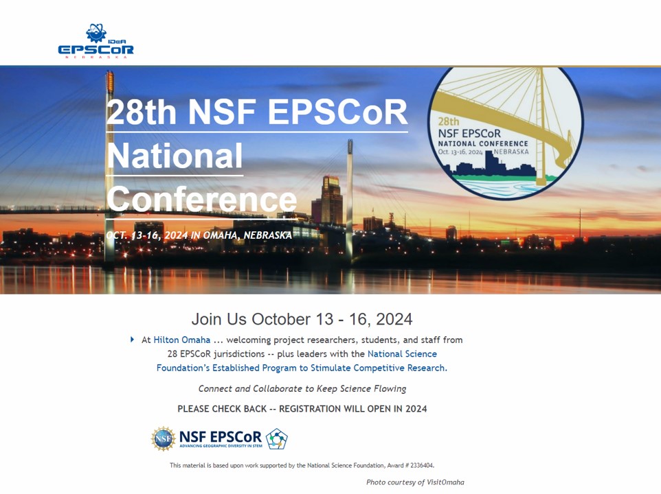 screenshot of NSF EPSCoR 28th National Conference webpage, including sunset photo of Omaha skyline in west-facing view from Missouri river, with event dates Oct. 13-16, 2024