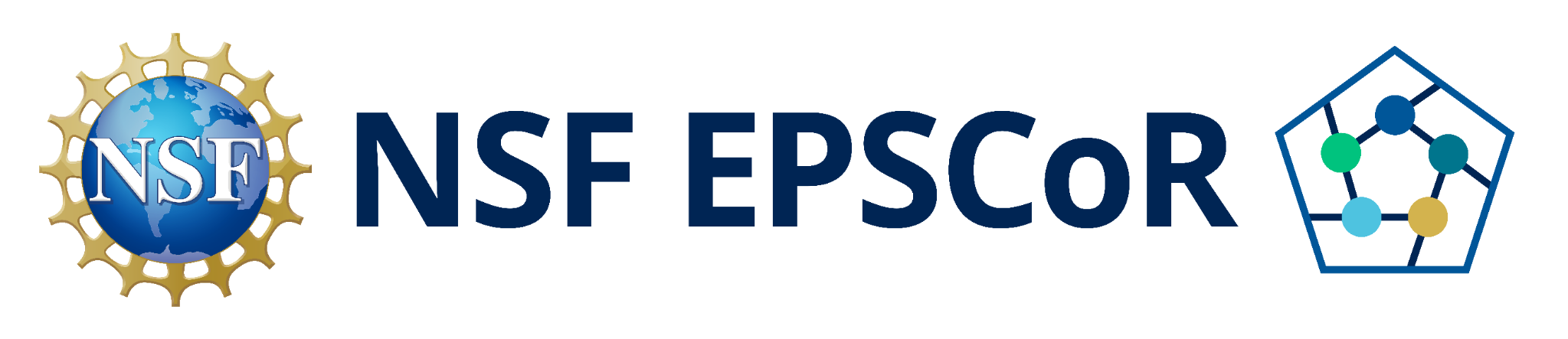 NSF in white serif letters on blue circle globe hemisphere with gold surround, NSF EPSCoR, pentagon contains lines connected with color dot nodes